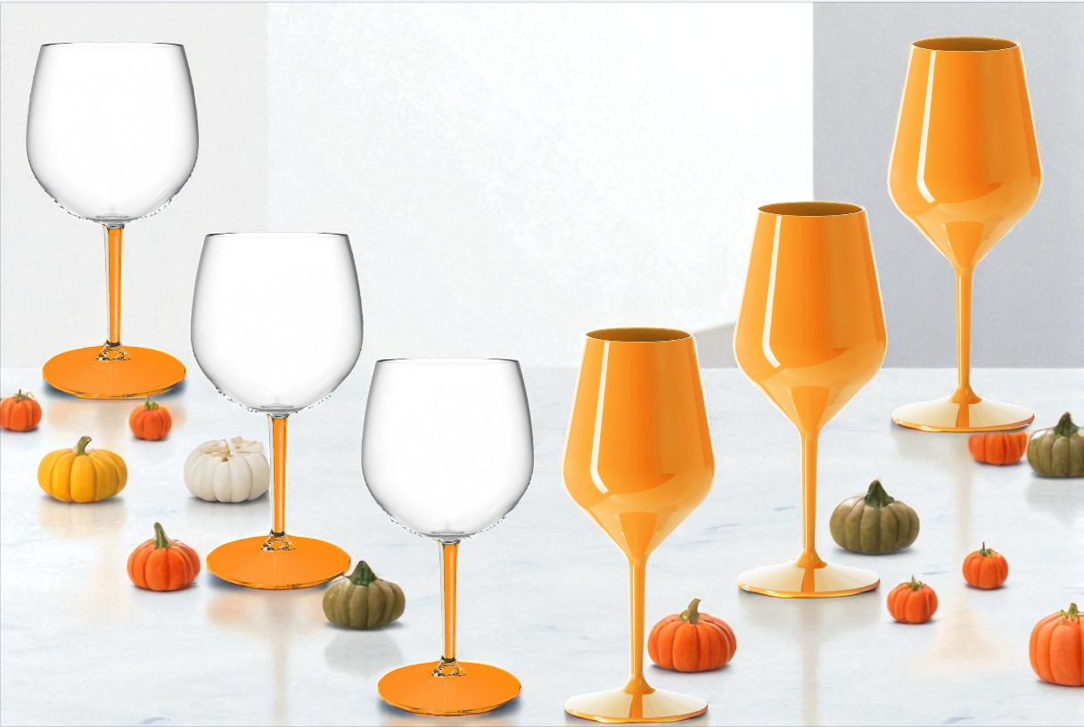 Zestaw 6 kieliszków Halloween – 3 z pomarańczową nogą + 3 pomarańczowe