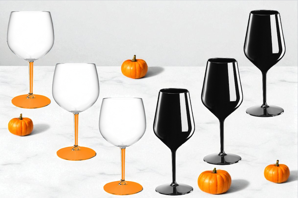 Zestaw 6 kieliszków Halloween – 3 z pomarańczową nogą + 3 czarne