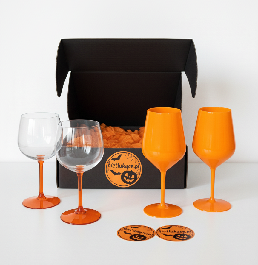 Zestaw 4 kieliszków Halloween – 2 pomarańczowe + 2 z pomarańczową nogą