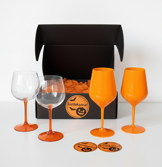 Zestaw 4 kieliszków Halloween – 2 pomarańczowe + 2 z pomarańczową nogą